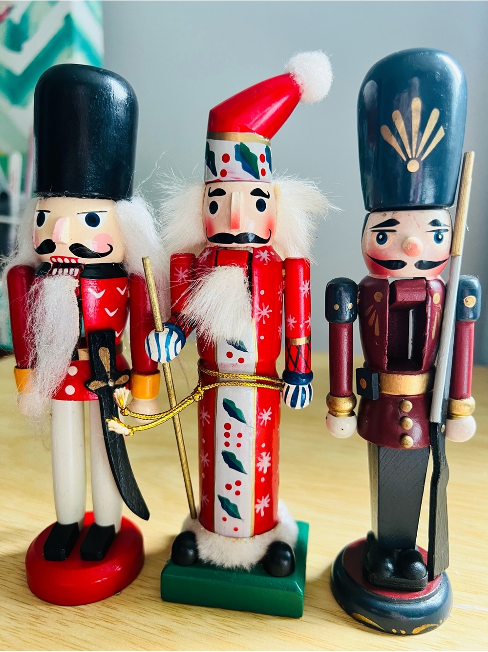 Trio Vintage Wooden Nutcrackers Hand Painted 7” Tall, Soldier/Santa, Very Cute.